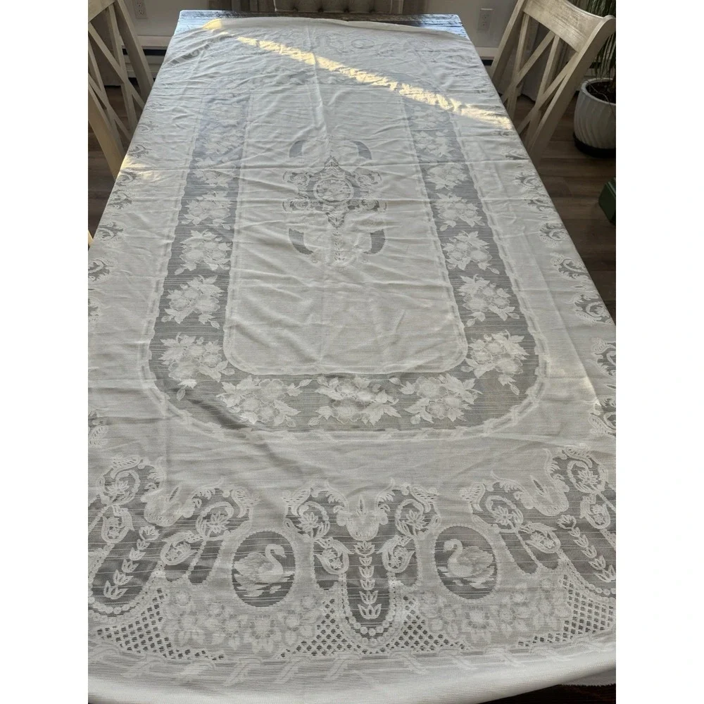Vintage Long Tablecloth Swan & Floral Motif Rounded Ends tablescape dinner party